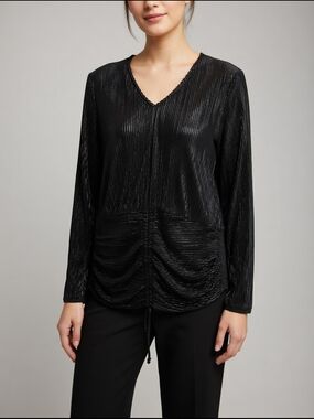 Absolutely Famous Black Metallic V-Neck Long Sleeve Ruched Top